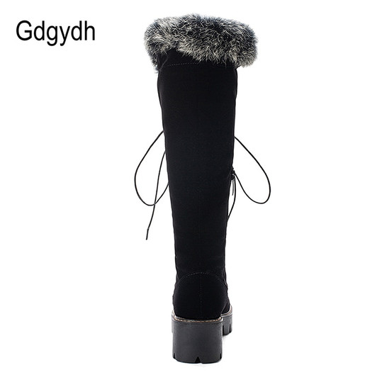 Gdgydh Lace up Winter Shoes Women Snow Boots Real Fur Boots Women Knee High Suede Thick Heel Warm Outdoor With Zip Big Size 43|Knee-High Boots|