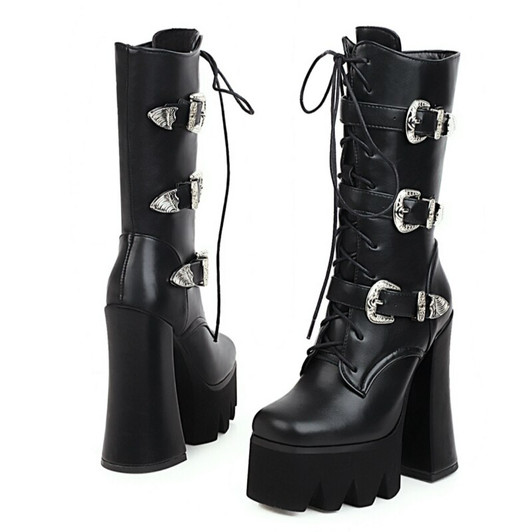 Sexy Punk Combat Boots Women Leather Platform 2021 Spring Fashion Rubber Boots Thick Heels Mid calf Boot Women Large Size 48|Ankle Boots|