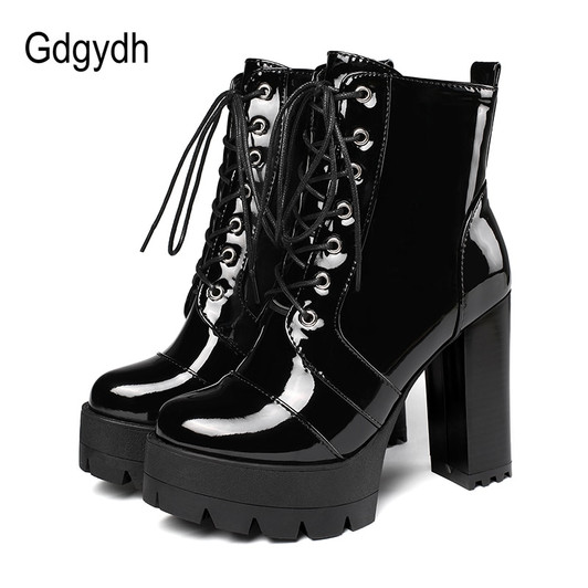 Gdgydh 2020 Thick High Heeled Female Patent Leather Ankle Boots Round Toe Lace up Zipper Women Short Boots Gothic Women Shoes|Ankle Boots|