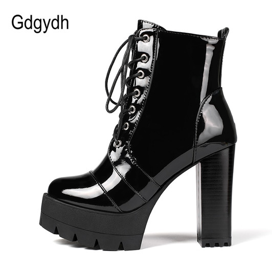 Gdgydh 2020 Thick High Heeled Female Patent Leather Ankle Boots Round Toe Lace up Zipper Women Short Boots Gothic Women Shoes|Ankle Boots|