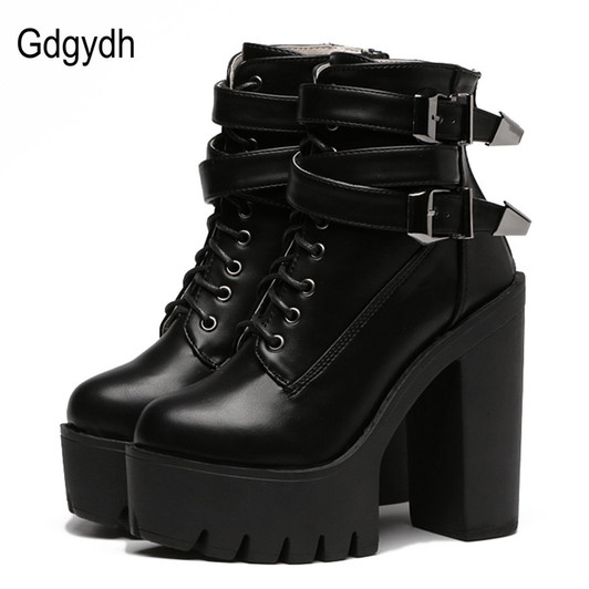 Gdgydh Spring Autumn Fashion Women Boots High Heels Platform Buckle Lace Up Leather Short Booties Black Ladies Shoes Promotion|boots high heels platform|short bootieboots high