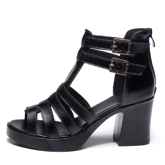 DRKANOL 2021 Cow Leather Women Sandals Black Sexy High Heel Gladiator Sandals Cut outs Peep Toe Buckle Summer Women Casual Shoes|High Heels|
