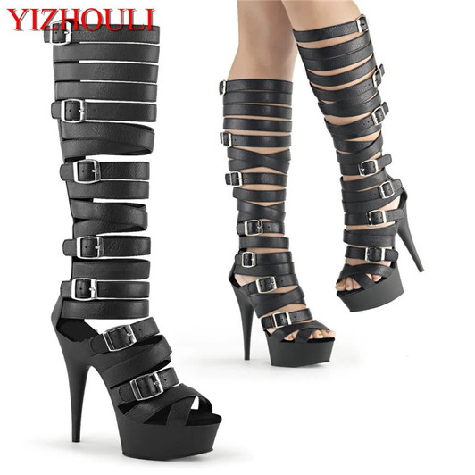 Model stage 15cm lady sexy spring round head 6 inch high heel boots, buckle strap high boot|Knee-High Boots|