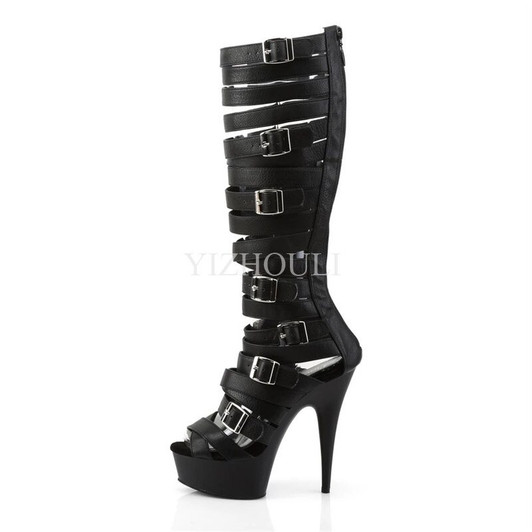 Model stage 15cm lady sexy spring round head 6 inch high heel boots, buckle strap high boot|Knee-High Boots|