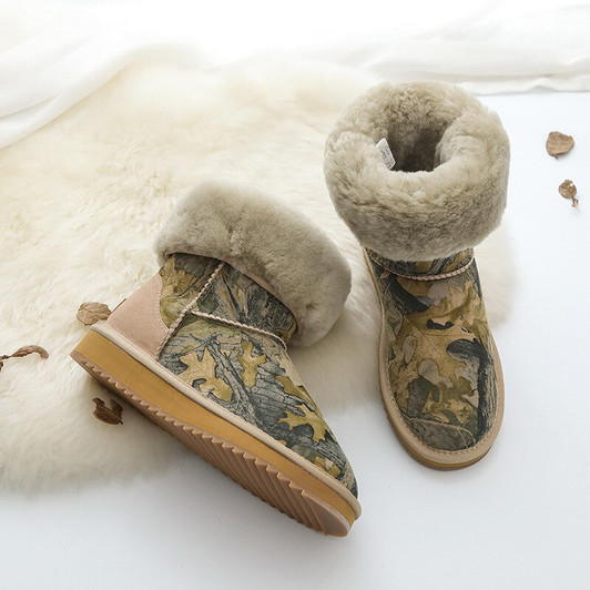 Snow Boots Female Sheep Leather and Fur In One Camouflage Waterproof Warm Winter Shoes with Winter Boots Women|Mid-Calf Boots|