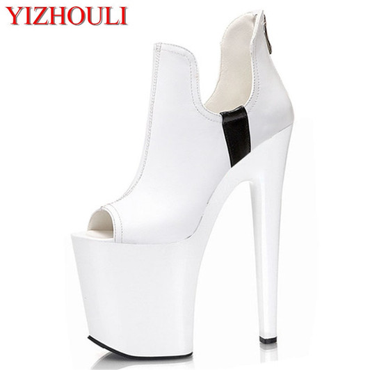 Fish beak 20 cm high heels, white and black model pole dancing heel high single shoes for the wedding party of the bride|bride wedding shoes|wedding shoes whitewedding shoes