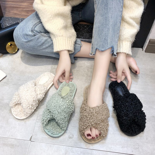 Plush Slipper Women's Autumn and Winter Flat Non Slip Home Fur Slipper fur slides slippers women|Slippers|