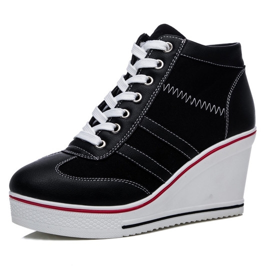 New Plus Size Women Wedge Sneakers Causal Shoes Woman Breathable Platform Black White Canvas Shoes Lace Up Hidden Wedge Shoe|Women's Pumps|
