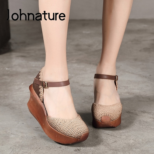 Johnature High Heels Retro Wedges Genuine Leather Buckle Strap Pumps Women Shoes 2020 Knitting Round Toe Platform Ladies Shoes|Women's Pumps|
