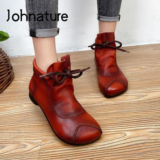 Johnature Shoes Women Boots 2020 New Winter Lace Up Genuine Leather Handmade Round Toe Sewing Flat With Ankle Platform Boots|Ankle Boots|