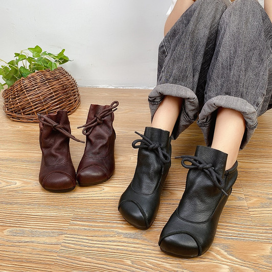 Johnature Shoes Women Boots 2020 New Winter Lace Up Genuine Leather Handmade Round Toe Sewing Flat With Ankle Platform Boots|Ankle Boots|