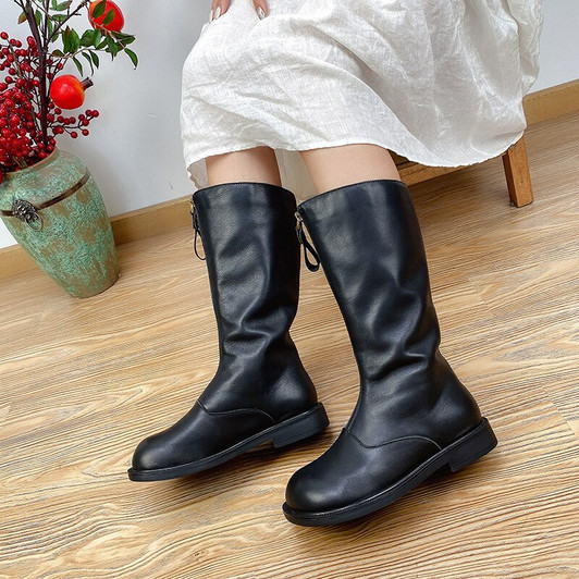 Johnature Warm Shoes Women Boots 2020 New Winter Genuine Leather Zip Round Toe Flat With Sewing Handmade Sewing Platform Boots|Mid-Calf Boots|