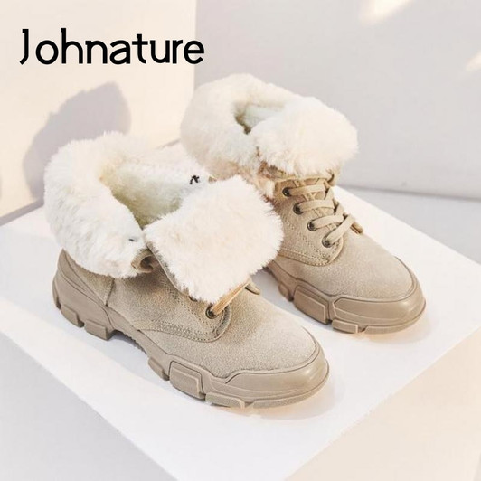 Johnature 2020 New Winter Snow Boots Genuine Leather Lace up Round Toe Women Shoes Flat With Handmade Ankle Platform Boots|Ankle Boots|