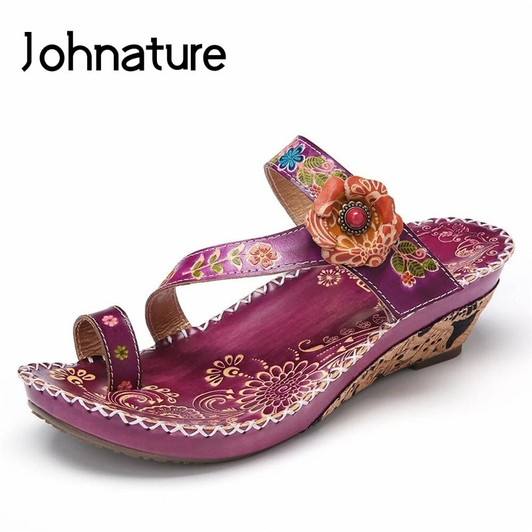 Johnature Women Slippers Genuine Leather Hand painted Women Shoes 2020 New Summer Slides Flower Wedges Handmade Ladies Slippers|Slippers|