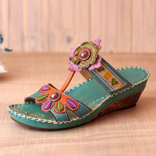 Johnature Women Shoes 2020 New Summer Women Slippers Hand painted Genuine Leather Flower Wedges Slides Handmade Ladies Slippers|Slippers|