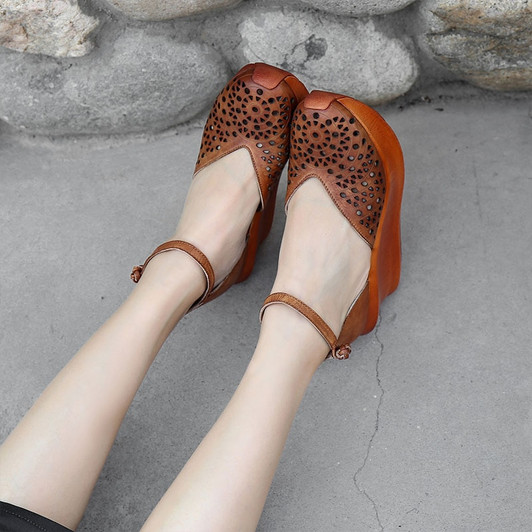 Johnature 2020 Summer New Sandals Genuine Leather Women Shoes Retro Buckle Strap Casual Wedges Hollow Platform Ladies Sandals|High Heels|