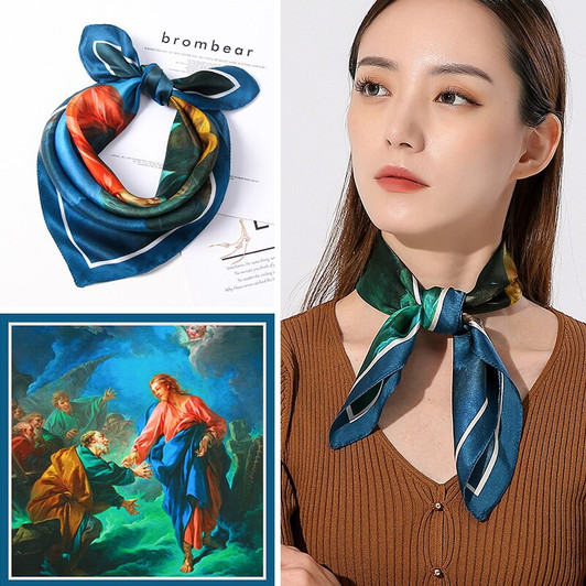 100% Nature Silk Square Scarf Women Oil Painting Real Silk Neckerchief Bandana Kerchief Pure Silk Headscarf Neck Scarf 53x53cm|Women's Scarves|