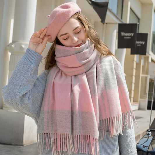Winter Plaid Wool Scarf for Women Thicken Warm Shawls and Wraps Pink Echarpe Femme Pashmina Fashion Cashmere Scarves Foulard|Women's Scarves|