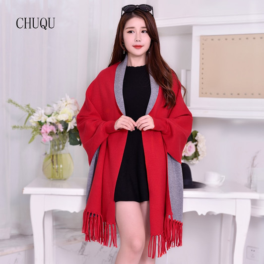 Navy Red Thick Warm Winter Poncho Luxury Shawl and Wraps for Ladies Faux Cashmere Solid Tassel Poncho and Capes With sleeves|Women's Scarves|