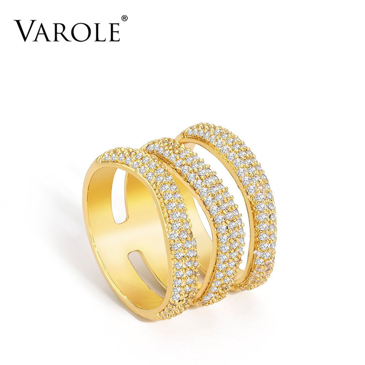 VAROLE Cute Crystal Ring Gold Color 3 Layer Lady Finger Rings For Women Fashion Jewelry Friends Gifts Anillos Mujer|Rings|