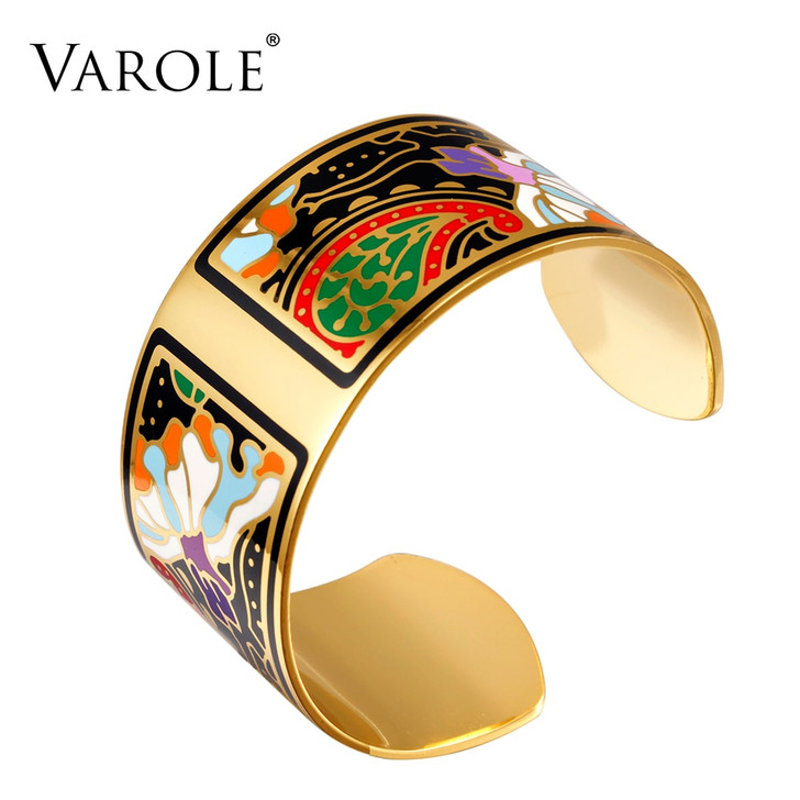 VAROLE Fashion Wide Bracelet Bangle Color Design Pattern Opening Bracelet for Women Mother Enamel Gold Bracelets Jonc Pulseras|open bracelets for women|open braceletwide bracelet