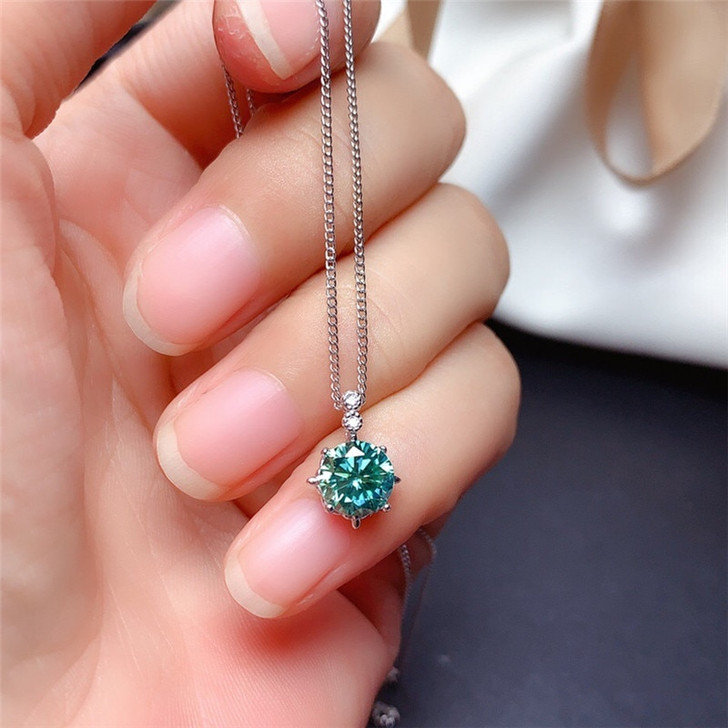 LeeChee Blue Green Moissanite Pendant 1CT 6.5MM VVS Lab Diamone With Certificate Engagement Necklace Real 925 Sterling Silver|Pendants|