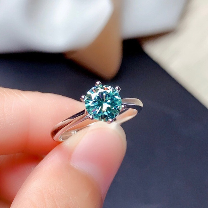 Blue Green Moissanite Ring 1CT 6.5MM VVS Lab Diamond Tested Passed Fashion Jewelry with Certificate Real 925 Sterling Silver|Rings|