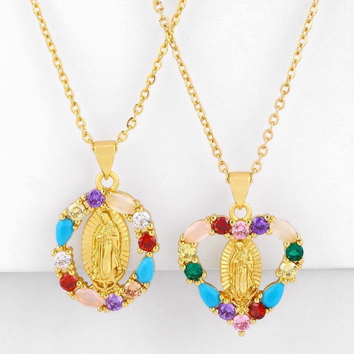 LUALA CZ Rainbow Virgin Mary Necklaces For Women/Girl Gold Crystal Heart Necklaces Pendants Women Jewelry virgen de guadalupe|Pendant Necklaces|