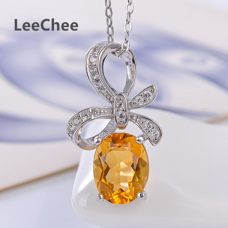 LeeChee 100% Natural citrine pendant real 925 Solid Sterling Silver jewelry yellow gemstone necklace for women birthday gift|Pendants|