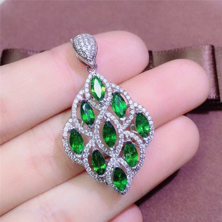 LeeChee 100% Natural Diopside Pendant Real 925 Solid Sterling Silver 3*6mm Green Gemstone Necklace for Women Anniversary Gift|Pendants|