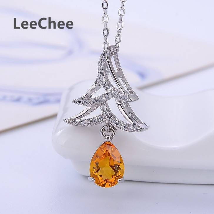 Natural Citrine pendant for girl gift Christmas tree Necklace 6*8mm drop yellow gemstone jewelry real 925 Solid Sterling silver|Pendants|