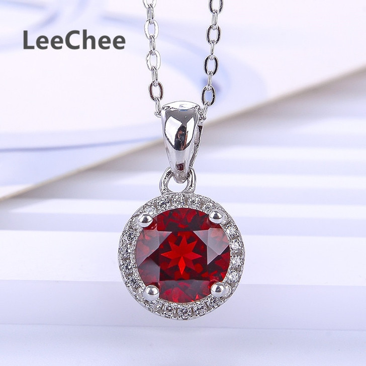 Natural Garnet pendant wine red gemstone necklace for women daily wear round cut 7mm Real 925 Solid Sterling Silver jewelry|Pendants|