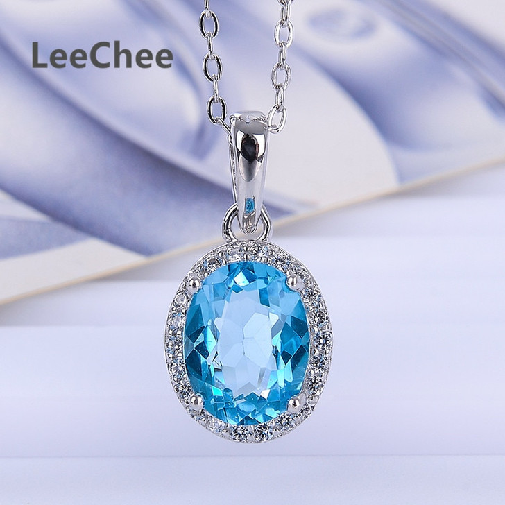 Natural blue topaz pendant for women classic style for birthday gift 7*9mm oval gemstone jewelry real 925 solid sterling silver|Pendants|