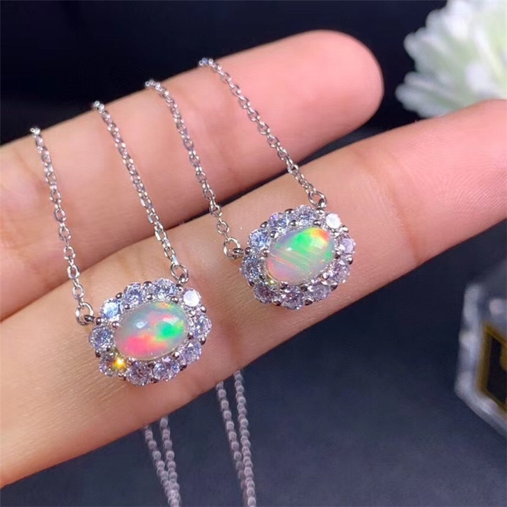 Natural Opal Necklace for Girl Anniversary Party Gift 5*7MM Colorful Gemstones Fine Jewelry Real 925 Sterling Silver Free Ship|Necklaces|