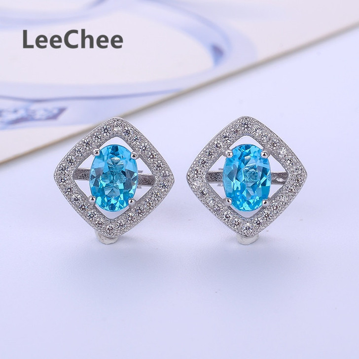 Blue Topaz Stud Earring for office lady daily wear 5*7mm gemstone Jewelry high quality real 925 solid sterling silver free ship|Stud Earrings|