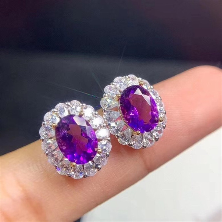 Natural Amethyst Stud Earring for Women Anniversary Gift 6*8MM Luxury Purple Gemstones Fine Jewelry Real 925 Sterling Silver|Stud Earrings|