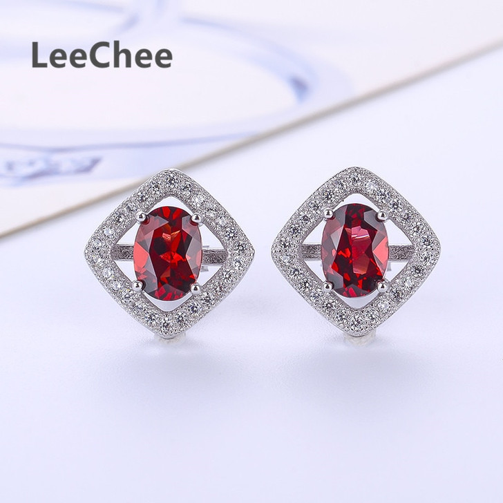 LeeChee Garnet Stud Earring for Women 5*7mm wine red natural gemstone jewelry for office lady real 925 Sterling Silver free ship|Stud Earrings|