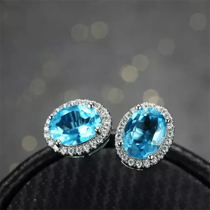 LeeChee Topaz Stud Earrings 6*8MM Blue Gemstone Fashion Jewelry for Women Anniversary Gift Real 925 Sterling Silver Free Ship|Stud Earrings|