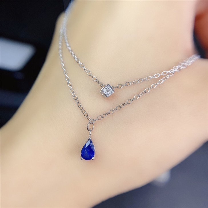 Natural Sapphire Necklace 4*6MM Genuine Blue Gemstone Simply Design Fine Jewelry for Young Girl Gift Real 925 Sterling Silver| |