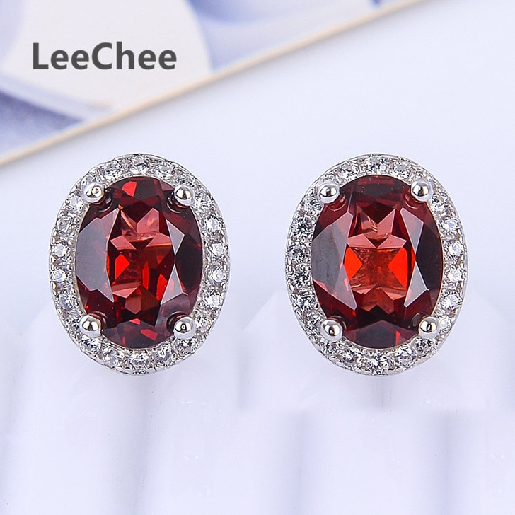 100% Natural Garnet Stud earrings 1.5 ct Real 925 Solid Sterling Silver jewelry wine red gemstone for women gift free ship|Stud Earrings|