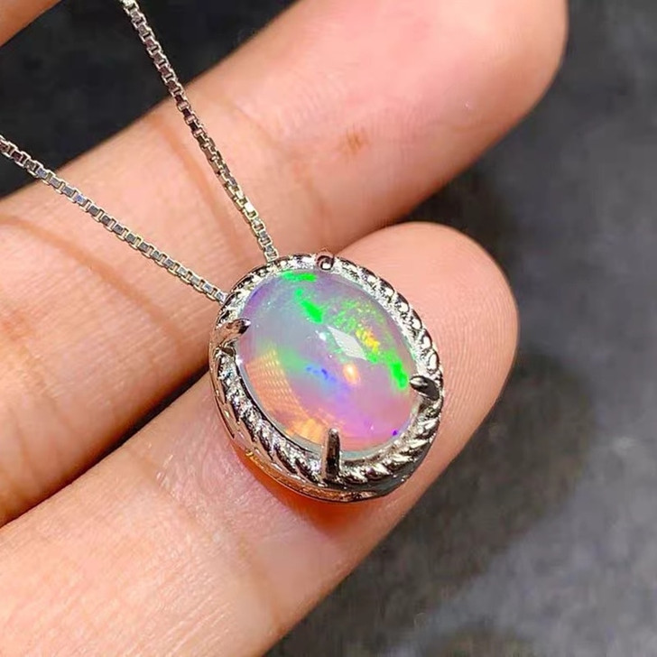 Opal Pendant Real 925 Sterling Silver Necklace 8*10MM Colorful Natural Gemstones Fine Jewelry for Women Anniversary Gift|Pendants|