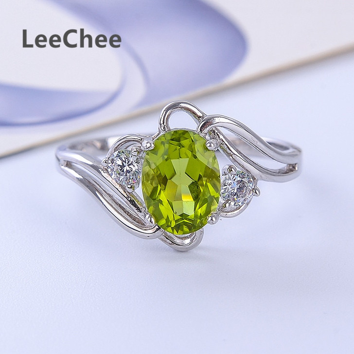 LeeChee 100% Natural Peridot ring for Women 6*8mm Oval green gemstone Real 925 Solid Sterling Silver jewelry for Birthday gift|Rings|