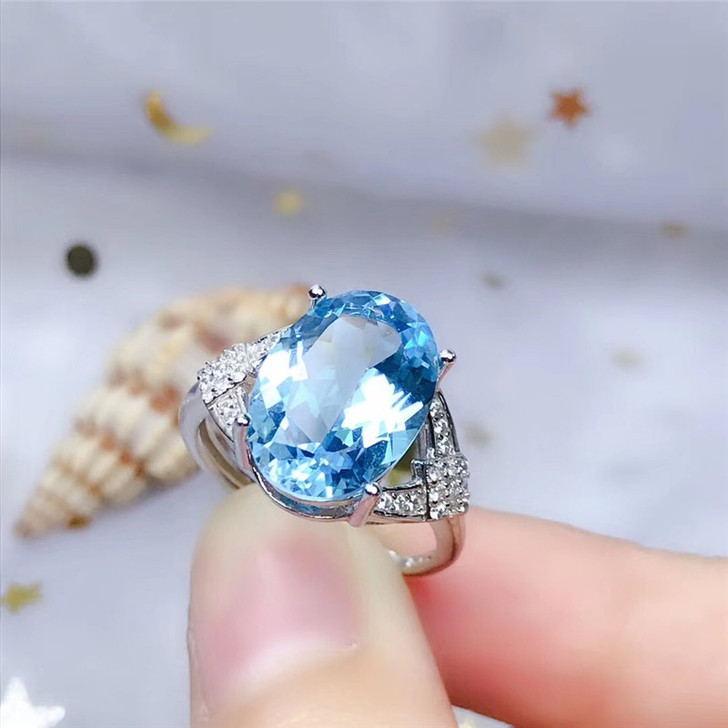 LeeChee Natrual Blue Topaz Ring for Women Anniversary Gift 10*14MM Birthstone Fine Jewelry Real 925 Sterling Silver Free Ship|Rings|