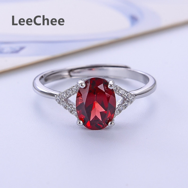 LeeChee 100% natural garnet ring for women engagement gift wine red gemstone fashion jewelry 6*8mm real 925solid sterling silver|Rings|