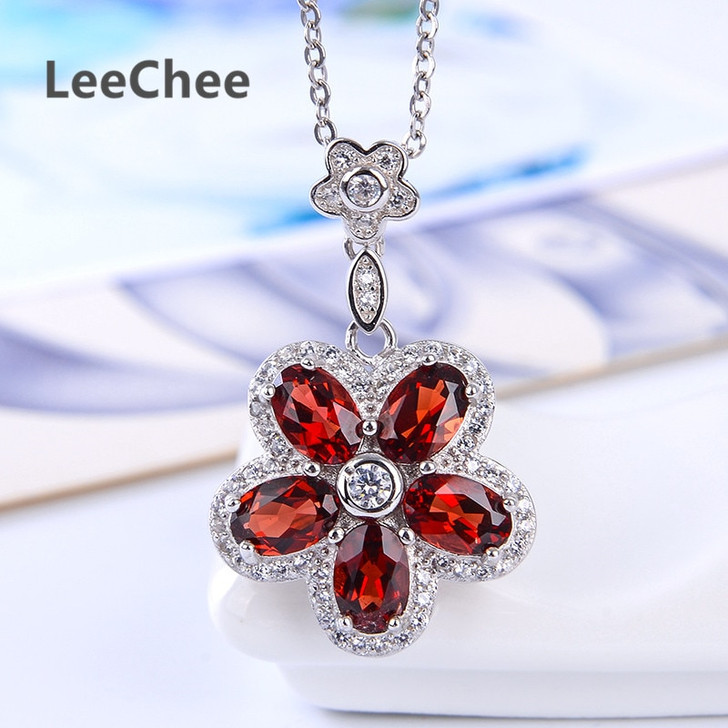 LeeChee 100% Natural Garnet Pendant Real 925 Solid Sterling Silver jewelry wine red gemstone flower necklace for women gift4*6mm|Pendants|