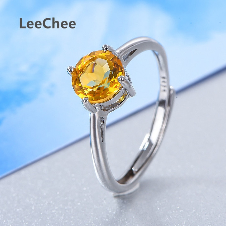 LeeChee 100% natural citrine ring for women daily wear round 7mm yellow gemstone fashion jewelry Real 925 Solid Sterling Silver|Rings|