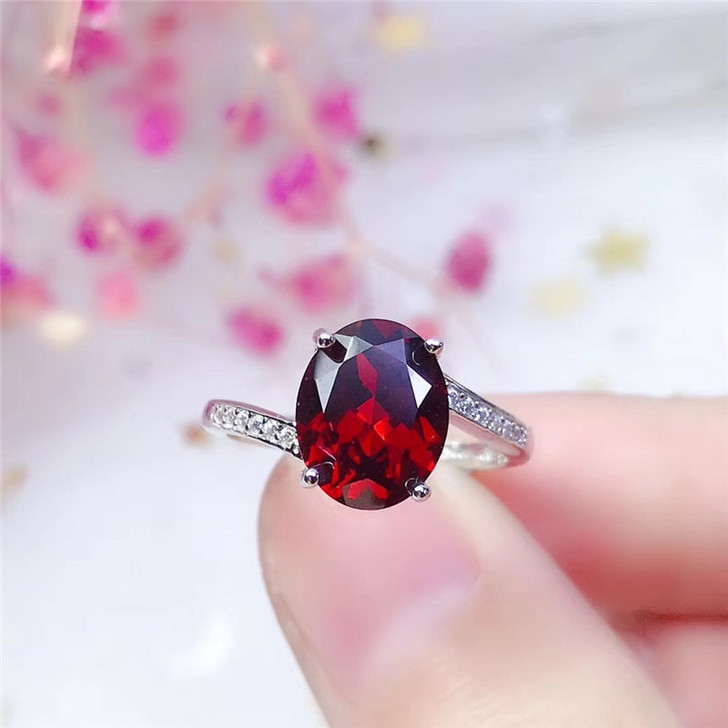 LeeChee natural garnet ring for women birthdat gift daily wear 7*9mm wine red gemstone jewelry real 925 solid sterling silver|Rings|