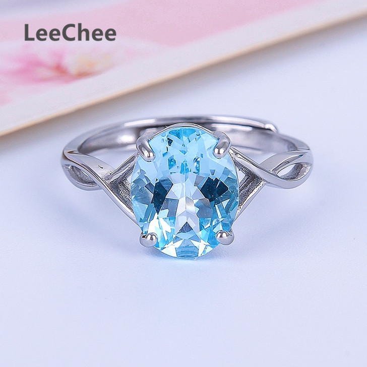 LeeChee light blue topaz ring for women daily wear 8*10mm gemstone jewelry fashion style free ship real 925 Solid Sterling Silve|Rings|