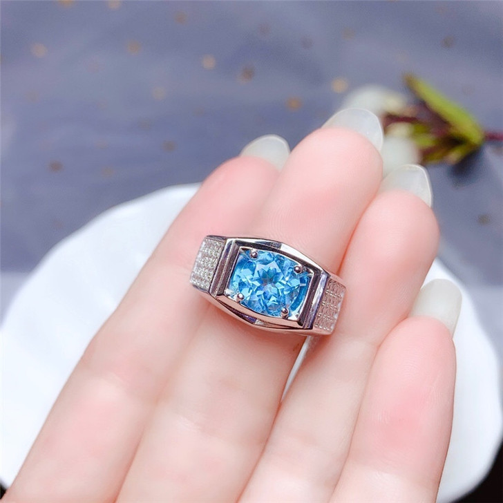 Men's Ring Real 925 Sterling Silver 8MM Natural Blue Topaz Ring Fine Jewelry for Men Birthday Anniversary Gift Free Shipping|Rings|