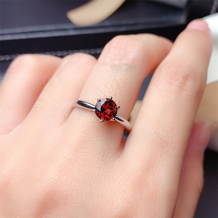 LeeChee 100% natural garnet ring for women engagement gift 6MM wine red gemstone fine jewelry real 925 soild sterling silver|Rings|